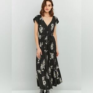 Free People Dress All I Got Black Floral A Line Tiered Maxi Cap Sleeve V Neck 6
